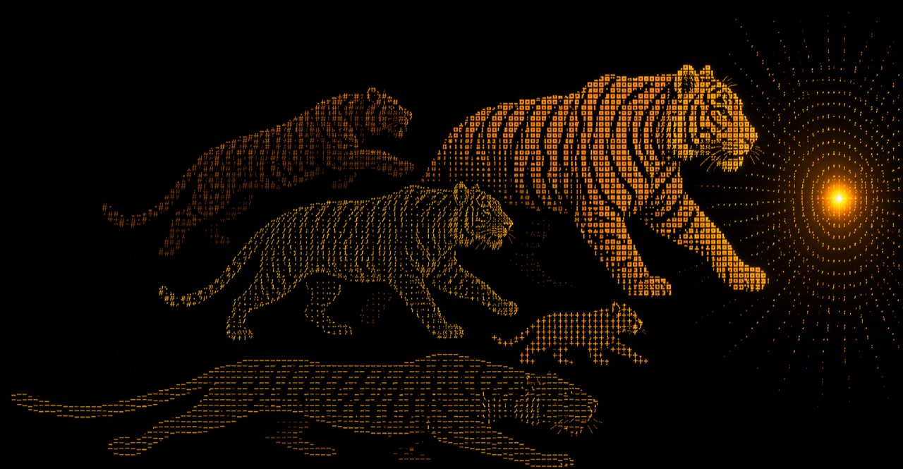 A pack of tigers rendered as amber ASCII glyphs, running toward a bright point of light.